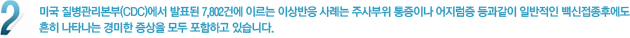 2. 미국 질병관리본부(CDC)에서 발표된 7,802건에 이르는 이상반응 사례는 주사부위 통증이나 어지럼증 등과 같이 일반적인 백신접종후에도 흔히 나타나는 경미한 증상을 모두 포함하고 있습니다.
